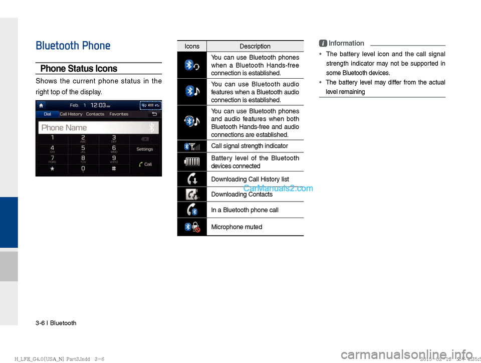 Hyundai Sonata Hybrid 2016  Multimedia Manual 3-6 I Bluetooth
Bluetooth Phone
Phone Status Icons 
Shows the current phone status in the 
right top of the display.
IconsDescription
You can use Bluetooth phones 
when a Bluetooth Hands-free 
connect