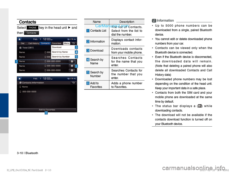 Hyundai Sonata Hybrid 2016  Multimedia Manual 3-10 I Bluetooth
Contacts
Select PHONE key in the head unit ▶
 and 
then 
Contacts
i Information
 Up to 5000 phone numbers can be 
do
wnloaded from a single, paired Bluetooth 
device.
 You cannot ed