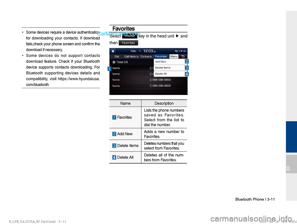 Hyundai Sonata Hybrid 2016  Multimedia Manual Bluetooth Phone I 3-11
03
Some devices require a device authentication 
f
or downloading your contacts. If download 
fails,check your phone screen and con�  rm the 
download if necessary.
 Some device