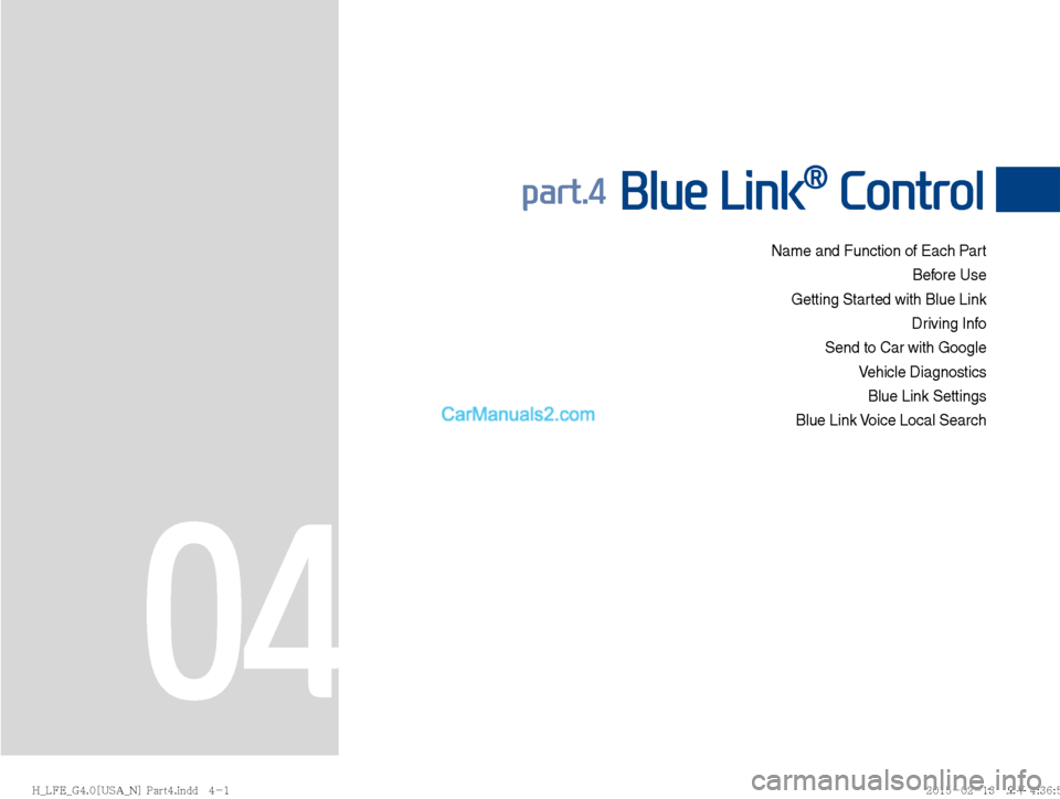 Hyundai Sonata Hybrid 2016  Multimedia Manual Name and Function of Each PartBefore Use
Getting Started with Blue Link Driving Info
Send to Car with Google Vehicle DiagnosticsBlue Link Settings
Blue Link Voice Local Search
part.4 Blue Link
®
 Con