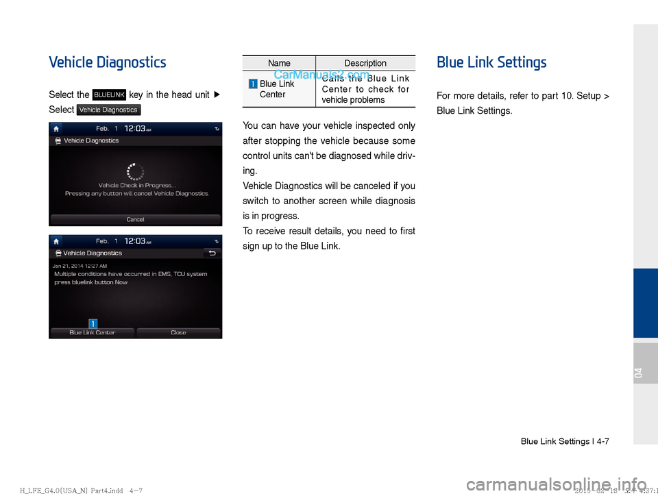 Hyundai Sonata Hybrid 2016  Multimedia Manual Blue Link Settings I 4-7
04
Vehicle Diagnostics
Select the BLUELINK key in the head unit �Ü
 
Select 
Vehicle Diagnostics 
Name Description
  Blue Link 
 Center Calls the Blue Link 
Center to check f
