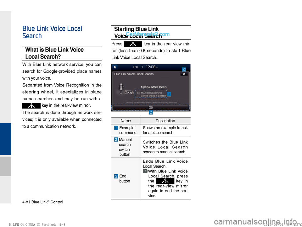 Hyundai Sonata Hybrid 2016  Multimedia Manual 4-8 I Blue Link® Control
Blue Link Voice Local 
Search
What is Blue Link Voice 
Local Search?
With Blue Link network service, you can 
search for Google-provided place names 
with your voice.
Separat