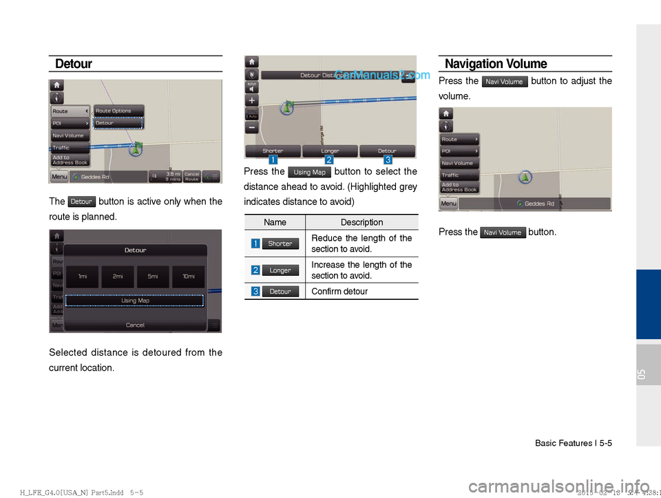 Hyundai Sonata Hybrid 2016  Multimedia Manual Basic Features I 5-5
05
Detour
The Detour button is active only when the 
route is planned.
Selected distance is detoured from the 
current location. 
Press the Using Map button to select the 
distanc