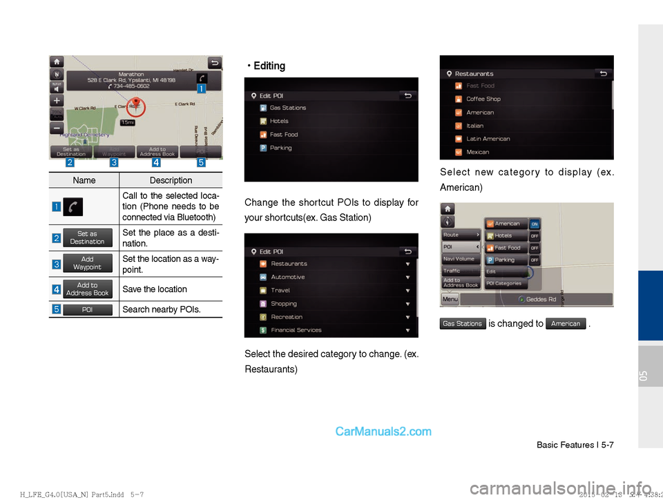 Hyundai Sonata Hybrid 2016  Multimedia Manual Basic Features I 5-7
05
NameDescription
 Call to the selected loca-
tion (Phone needs to be 
connected via Bluetooth)
 Set asDestinationSet the place as a desti-
nation.
 Add WaypointSet the location 