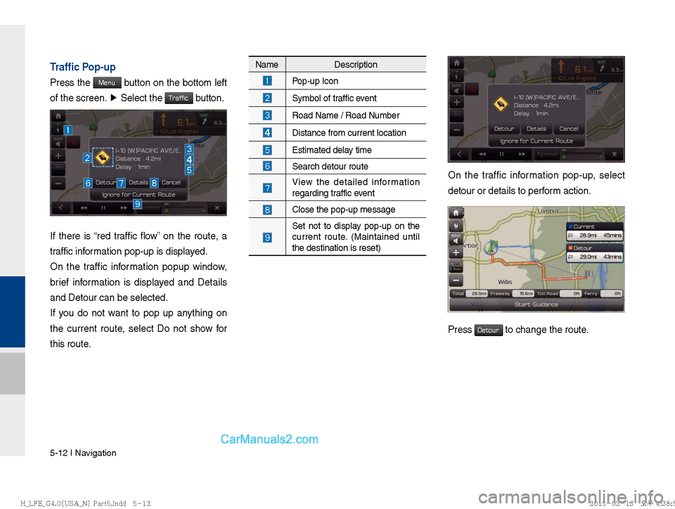 Hyundai Sonata Hybrid 2016  Multimedia Manual 5-12 I Navigation
Trafﬁ c Pop-up
Press the Menu button on the bottom left 
of the screen.  ▶
 Select the 
Traffic button.
If there is “red traffic flow” on the route, a 
traffic information po