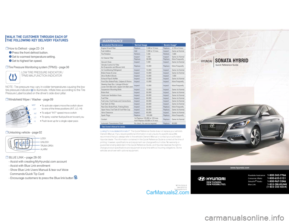 Hyundai Sonata Hybrid 2016  Quick Reference Guide MAINTENANCE
NP150-F2016-B
(Rev 05/07/15)
Printing 005/10/15
HYUNDAI    
SONATA HYBRIDQuick Reference Guide
☐Tire Pressure Monitoring system (TPMS) - page 36☐Unlocking vehicle - page 02
�t���5�P�