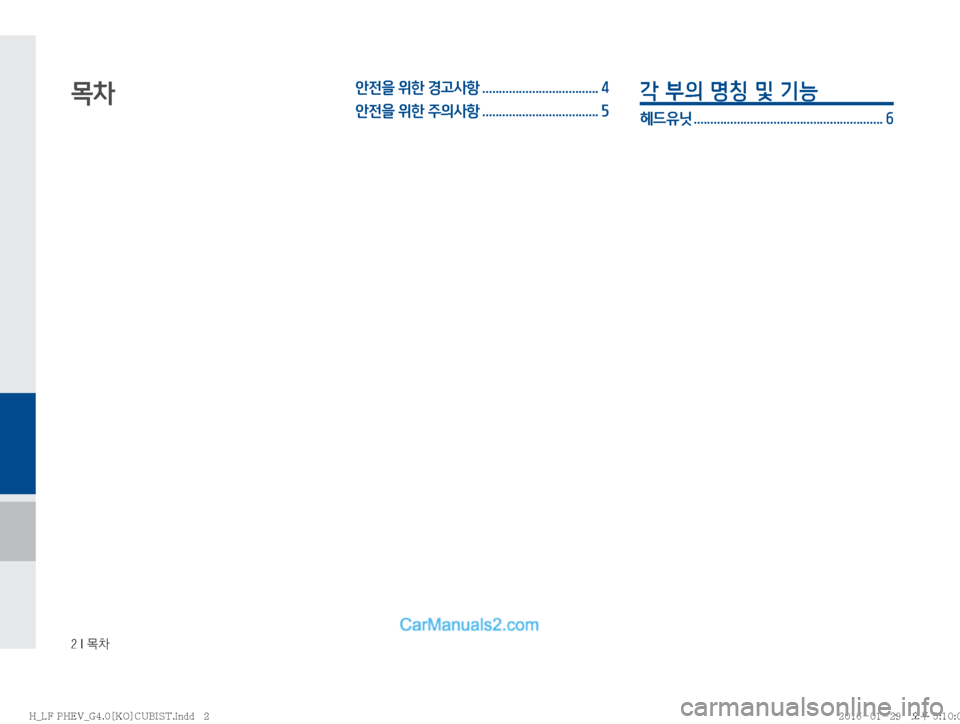 Hyundai Sonata Hybrid 2016  LF쏘나타 하이브리드 표준4 내비게이션 (in Korean) ���*�~0
목차안전을 위한 경고사항 ................................... 4
안전을 위한 주의사항 ................................... 5각 부의 명칭 및 기능 
헤드유닛 ...