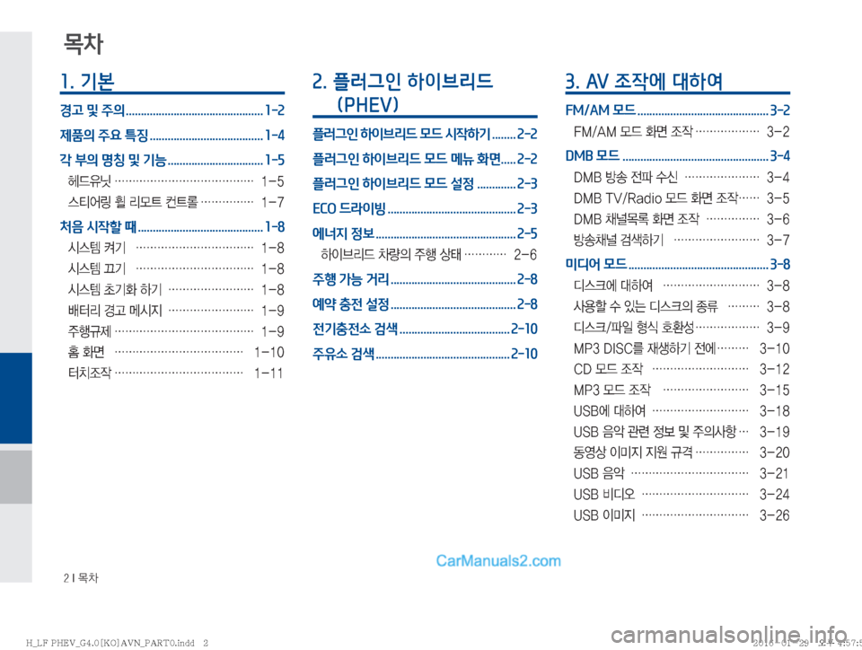 Hyundai Sonata Hybrid 2016  LF쏘나타 하이브리드 표준4 내비게이션 (in Korean) ���*�~0
1. 기본
경고 및 주의 .............................................. 1-2
제품의 주요 특징 ...................................... 1-4
각 부의 명칭 및 기능 ............
