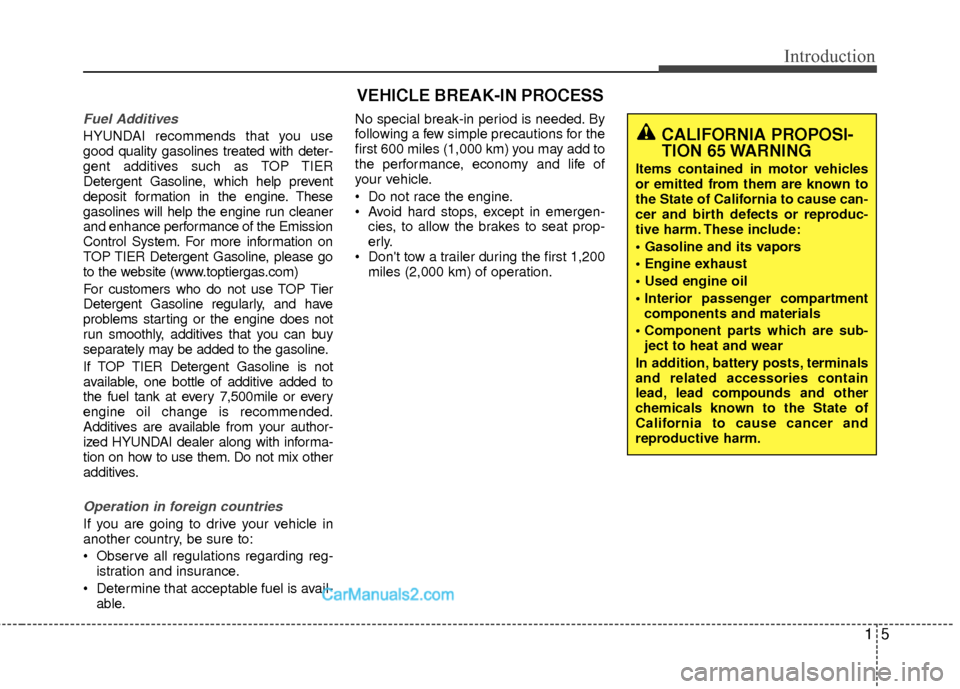 Hyundai Sonata Hybrid 2015  Owners Manual 15
Introduction
Fuel Additives
HYUNDAI recommends that you use
good quality gasolines treated with deter-
gent additives such as TOP TIER
Detergent Gasoline, which help prevent
deposit formation in th