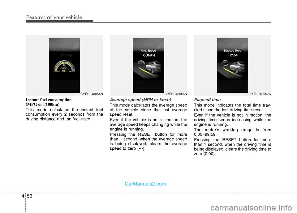 Hyundai Sonata Hybrid 2015 Owners Manual Features of your vehicle
50
4
Instant fuel consumption
(MPG or l/100km)
This mode calculates the instant fuel
consumption every 2 seconds from the
driving distance and the fuel used.Average speed (MP Hyundai Sonata Hybrid 2015 Owners Manual Features of your vehicle
50
4
Instant fuel consumption
(MPG or l/100km)
This mode calculates the instant fuel
consumption every 2 seconds from the
driving distance and the fuel used.Average speed (MP