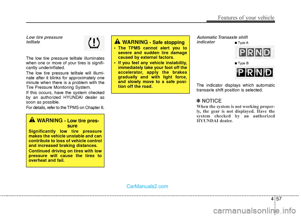 Hyundai Sonata Hybrid 2015  Owners Manual 457
Features of your vehicle
Low tire pressure telltale 
The low tire pressure telltale illuminates
when one or more of your tires is signifi-
cantly underinflated.
The low tire pressure telltale will