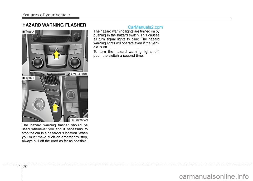 Hyundai Sonata Hybrid 2015 Owners Manual Features of your vehicle
70
4
The hazard warning flasher should be
used whenever you find it necessary to
stop the car in a hazardous location. When
you must make such an emergency stop,
always pull o Hyundai Sonata Hybrid 2015 Owners Manual Features of your vehicle
70
4
The hazard warning flasher should be
used whenever you find it necessary to
stop the car in a hazardous location. When
you must make such an emergency stop,
always pull o