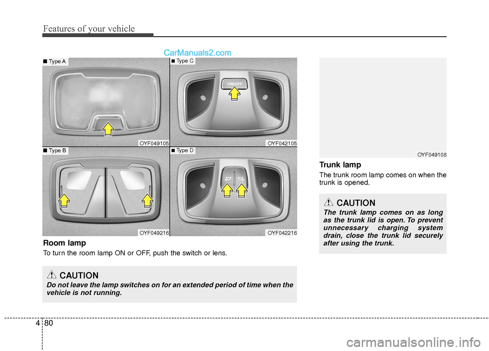 Hyundai Sonata Hybrid 2015 Owners Manual Features of your vehicle
80
4
Trunk lamp
The trunk room lamp comes on when the
trunk is opened.
OYF049108
CAUTION
The trunk lamp comes on as long
as the trunk lid is open. To prevent unnecessary charg Hyundai Sonata Hybrid 2015 Owners Manual Features of your vehicle
80
4
Trunk lamp
The trunk room lamp comes on when the
trunk is opened.
OYF049108
CAUTION
The trunk lamp comes on as long
as the trunk lid is open. To prevent unnecessary charg