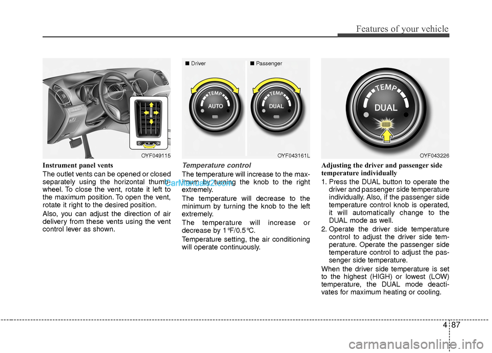 Hyundai Sonata Hybrid 2015  Owners Manual 487
Features of your vehicle
Instrument panel vents
The outlet vents can be opened or closed
separately using the horizontal thumb-
wheel. To close the vent, rotate it left to
the maximum position. To