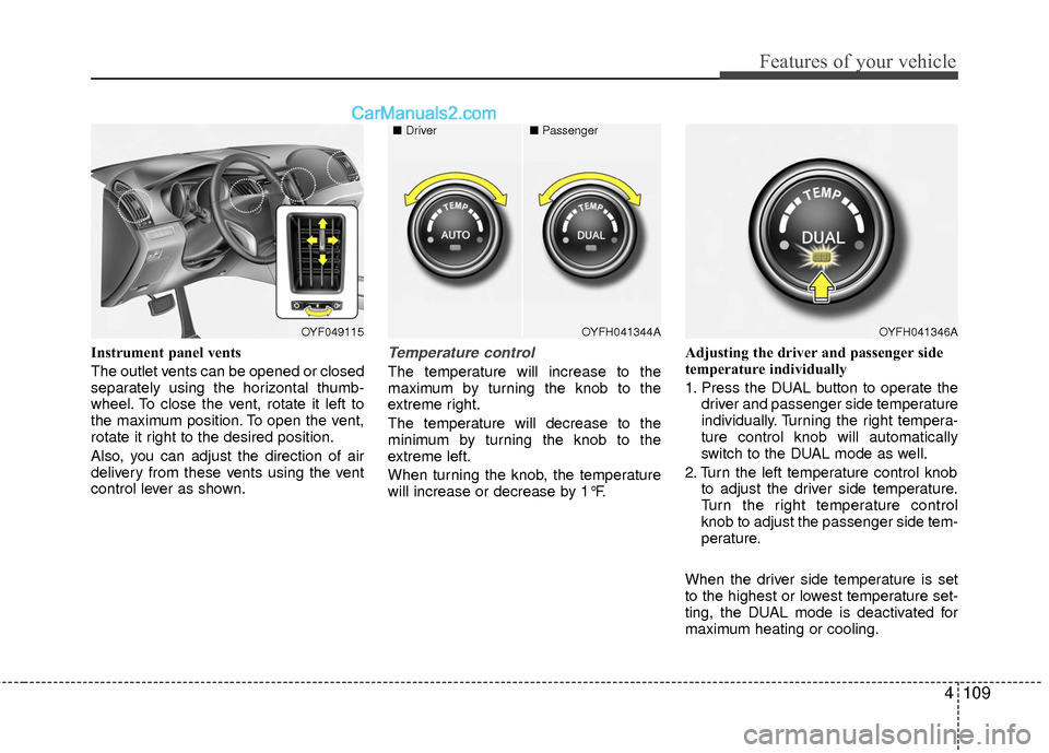 Hyundai Sonata Hybrid 2015  Owners Manual 4109
Features of your vehicle
Instrument panel vents
The outlet vents can be opened or closed
separately using the horizontal thumb-
wheel. To close the vent, rotate it left to
the maximum position. T