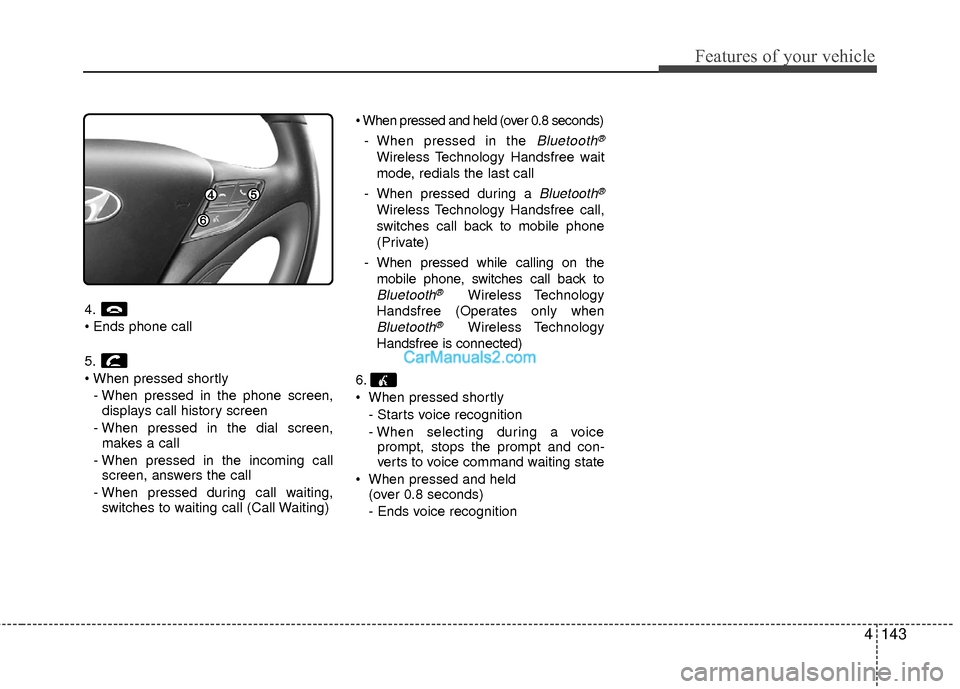 Hyundai Sonata Hybrid 2015  Owners Manual 4143
Features of your vehicle
4.

5.
- When pressed in the phone screen,displays call history screen
- When pressed in the dial screen, makes a call
- When pressed in the incoming call screen, answers