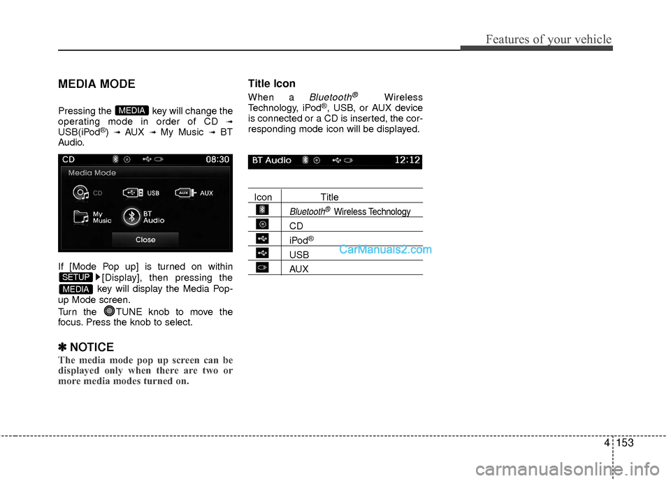 Hyundai Sonata Hybrid 2015  Owners Manual 4153
Features of your vehicle
MEDIA MODE
Pressing the  key will change the
operating mode in order of CD ➟USB(iPod®) ➟ AUX ➟ My Music ➟BT
Audio.
If [Mode Pop up] is turned on within
[Display]