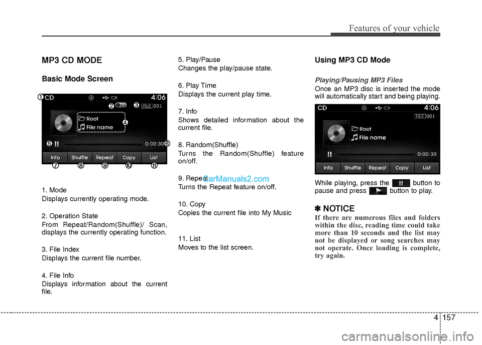 Hyundai Sonata Hybrid 2015  Owners Manual 4157
Features of your vehicle
MP3 CD MODE
Basic Mode Screen
1. Mode
Displays currently operating mode.
2. Operation State
From Repeat/Random(Shuffle)/ Scan,
displays the currently operating function.
