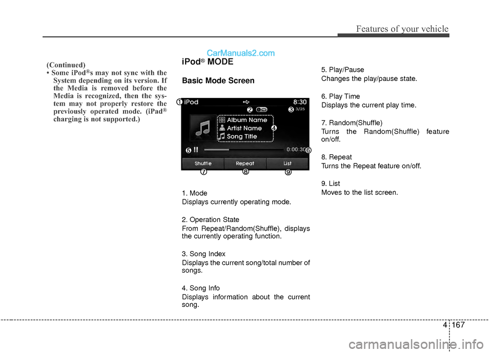 Hyundai Sonata Hybrid 2015  Owners Manual 4167
Features of your vehicle
iPod®MODE
Basic Mode Screen
1. Mode
Displays currently operating mode.
2. Operation State
From Repeat/Random(Shuffle), displays
the currently operating function.
3. Song