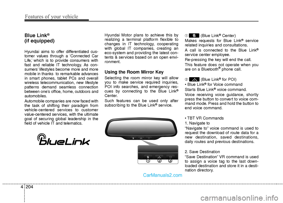 Hyundai Sonata Hybrid 2015  Owners Manual Features of your vehicle
204
4
Blue Link®
(if equipped)
Hyundai aims to offer differentiated cus-
tomer values through a ‘Connected Car
Life,’ which is to provide consumers with
fast and reliable
