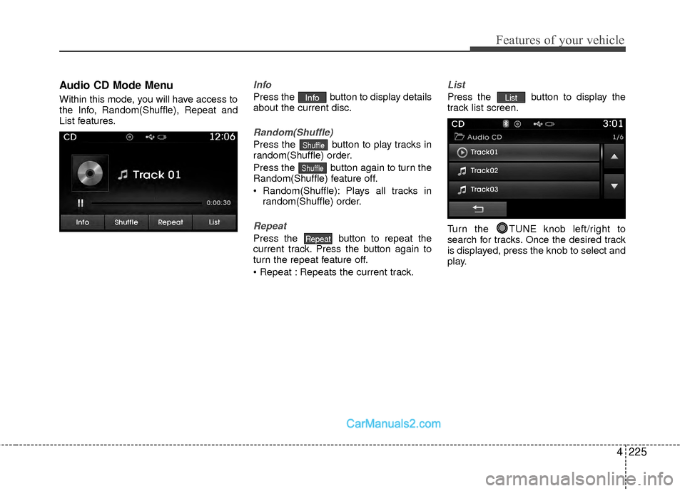 Hyundai Sonata Hybrid 2015  Owners Manual 4225
Features of your vehicle
Audio CD Mode Menu
Within this mode, you will have access to
the Info, Random(Shuffle), Repeat and
List features.
Info
Press the  button to display details
about the curr