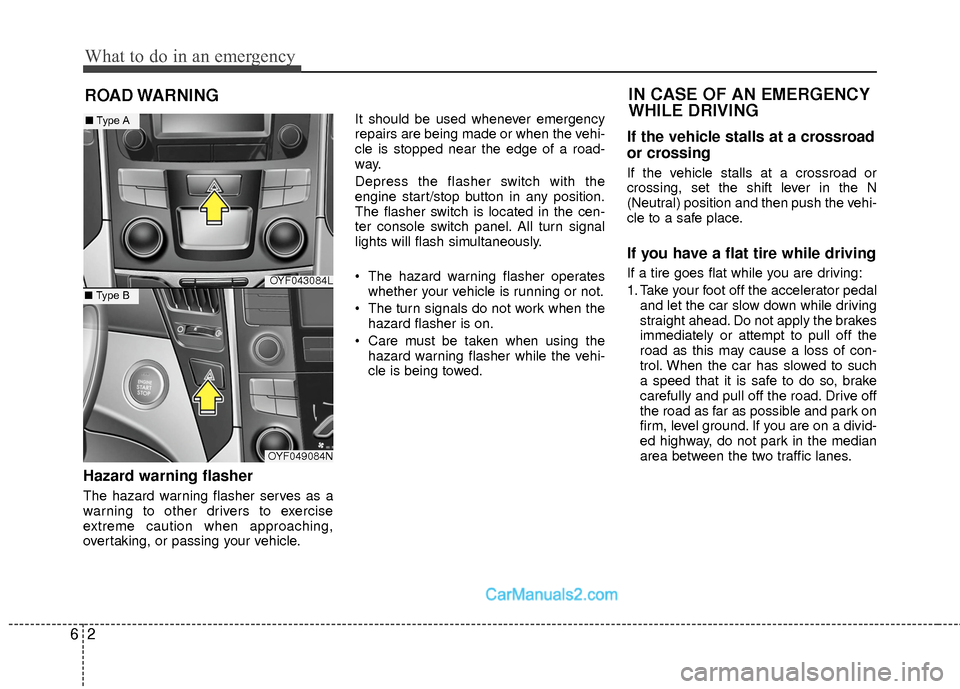 Hyundai Sonata Hybrid 2015  Owners Manual What to do in an emergency
26
ROAD WARNING 
Hazard warning flasher  
The hazard warning flasher serves as a
warning to other drivers to exercise
extreme caution when approaching,
overtaking, or passin