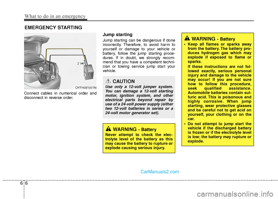 Hyundai Sonata Hybrid 2015  Owners Manual What to do in an emergency
66
EMERGENCY STARTING
Connect cables in numerical order and
disconnect in reverse order.
Jump starting  
Jump starting can be dangerous if done
incorrectly. Therefore, to av