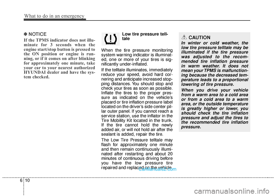 Hyundai Sonata Hybrid 2015 Owners Manual What to do in an emergency
10
6
✽
✽
NOTICE
If the TPMS indicator does not illu-
minate for 3 seconds when the
engine start/stop button is pressed to
the ON position or engine is run-
ning, or if i Hyundai Sonata Hybrid 2015 Owners Manual What to do in an emergency
10
6
✽
✽
NOTICE
If the TPMS indicator does not illu-
minate for 3 seconds when the
engine start/stop button is pressed to
the ON position or engine is run-
ning, or if i