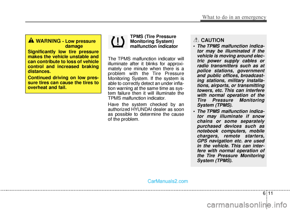 Hyundai Sonata Hybrid 2015  Owners Manual 611
What to do in an emergency
TPMS (Tire Pressure
Monitoring System)
malfunction indicator
The TPMS malfunction indicator will
illuminate after it blinks for approxi-
mately one minute when there is 