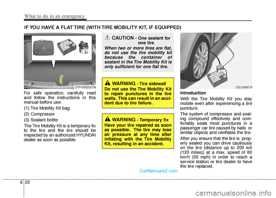 Hyundai Sonata Hybrid 2015  Owners Manual What to do in an emergency
22
6
IF YOU HAVE A FLAT TIRE (WITH TIRE MOBILITY KIT, IF EQUIPPED)
For safe operation, carefully read
and follow the instructions in this
manual before use.
(1) Tire Mobilit