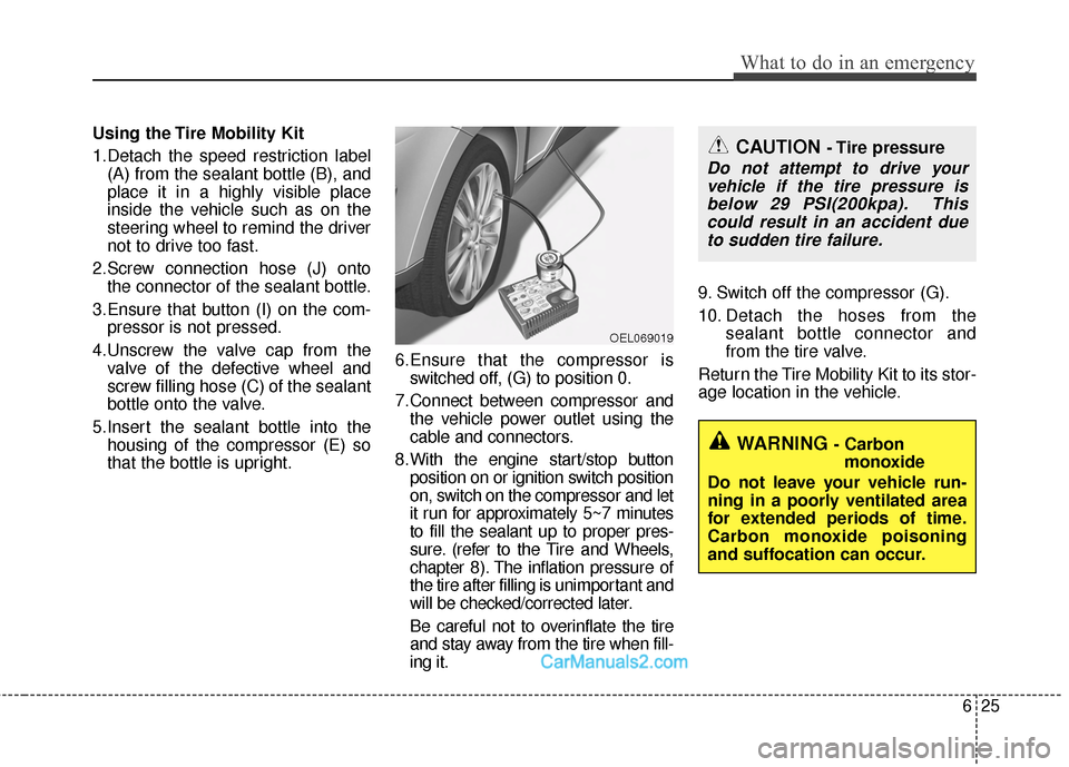 Hyundai Sonata Hybrid 2015  Owners Manual 625
What to do in an emergency
Using the Tire Mobility Kit
1.Detach the speed restriction label(A) from the sealant bottle (B), and
place it in a highly visible place
inside the vehicle such as on the