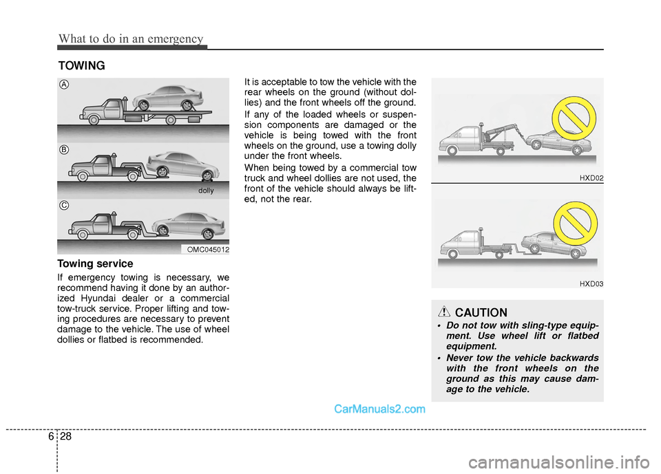 Hyundai Sonata Hybrid 2015  Owners Manual What to do in an emergency
28
6
TOWING
Towing service
If emergency towing is necessary, we
recommend having it done by an author-
ized Hyundai dealer or a commercial
tow-truck service. Proper lifting 