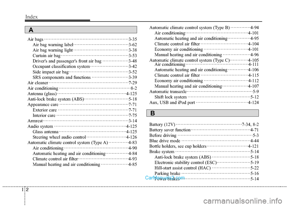 Hyundai Sonata Hybrid 2015 Owners Manual Index
2I
Air bags··················\
··················\
··················\
·3-35
Air bag warning label ··················\
Hyundai Sonata Hybrid 2015 Owners Manual Index
2I
Air bags··················\
··················\
··················\
·3-35
Air bag warning label ··················\