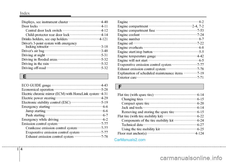 Hyundai Sonata Hybrid 2015 Owners Manual Index
4I
Displays, see instrument cluster··················\
·········4-40
Door locks ··················\
··················\
····· Hyundai Sonata Hybrid 2015 Owners Manual Index
4I
Displays, see instrument cluster··················\
·········4-40
Door locks ··················\
··················\
·····