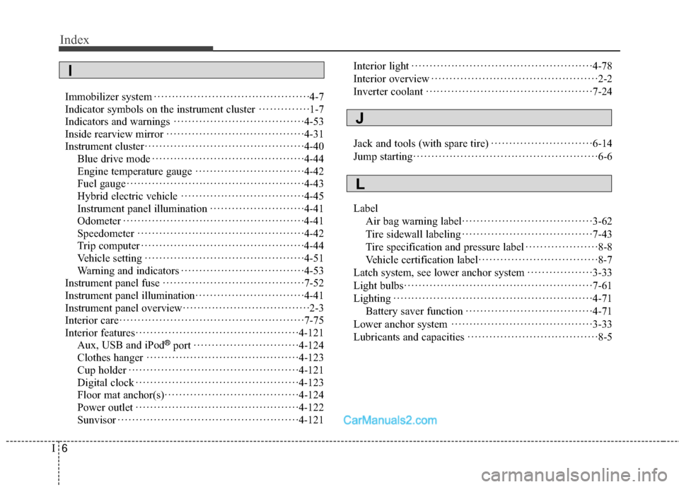 Hyundai Sonata Hybrid 2015 Owners Manual Index
6I
Immobilizer system··················\
··················\
·······4-7
Indicator symbols on the instrument cluster ··············1-7
Ind Hyundai Sonata Hybrid 2015 Owners Manual Index
6I
Immobilizer system··················\
··················\
·······4-7
Indicator symbols on the instrument cluster ··············1-7
Ind