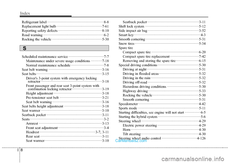 Hyundai Sonata Hybrid 2015  Owners Manual Index
8I
Refrigerant label··················\
··················\
···········8-8
Replacement light bulb ··················\
·····�