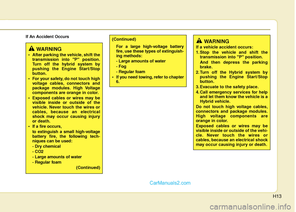 Hyundai Sonata Hybrid 2015  Owners Manual H13
If An Accident Occurs
WARNING
 After parking the vehicle, shift thetransmission into "P" position.
Turn off the hybrid system by
pushing the Engine Start/Stop
button.
 For your safety, do not touc