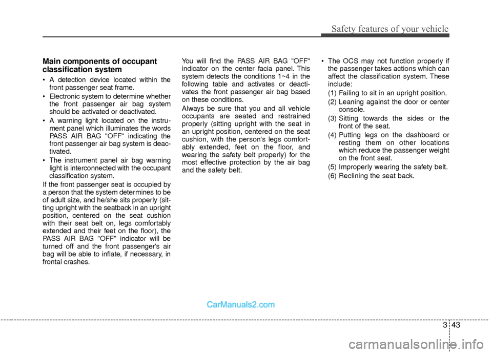 Hyundai Sonata Hybrid 2015 Repair Manual 343
Safety features of your vehicle
Main components of occupant
classification system
A detection device located within thefront passenger seat frame.
Electronic system to determine whether the fron Hyundai Sonata Hybrid 2015 Repair Manual 343
Safety features of your vehicle
Main components of occupant
classification system
A detection device located within thefront passenger seat frame.
Electronic system to determine whether the fron