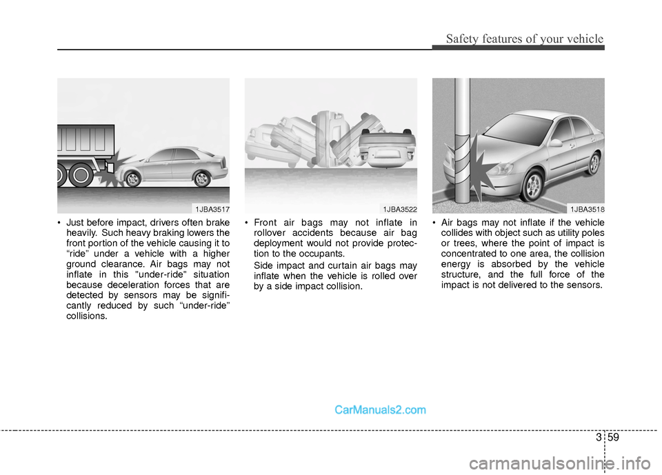 Hyundai Sonata Hybrid 2015 Manual PDF 359
Safety features of your vehicle
Just before impact, drivers often brakeheavily. Such heavy braking lowers the
front portion of the vehicle causing it to
“ride” under a vehicle with a higher
g Hyundai Sonata Hybrid 2015 Manual PDF 359
Safety features of your vehicle
Just before impact, drivers often brakeheavily. Such heavy braking lowers the
front portion of the vehicle causing it to
“ride” under a vehicle with a higher
g
