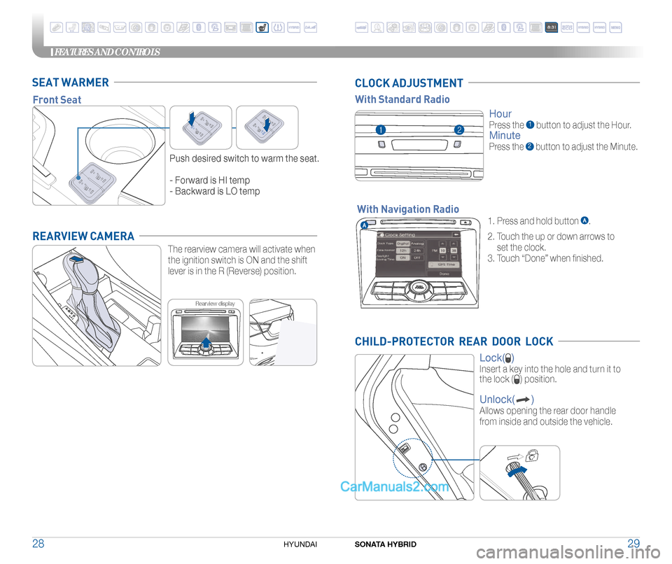 Hyundai Sonata Hybrid 2015  Quick Reference Guide CLOCK ADJUSTMENT 
Hour 
Press the 1 button to adjust the Hour.
Minute 
Press the 2 button to adjust the Minute.
With Standard Radio
1.  Press and hold button .
2.   Touch the up or down arrows to   
s