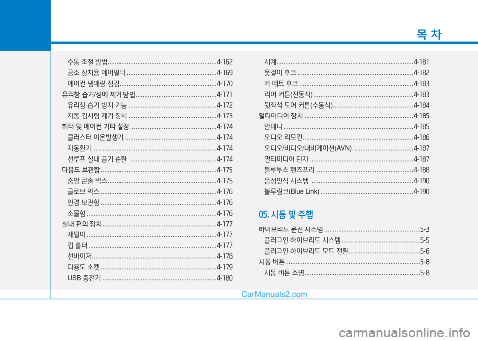 Hyundai Sonata Hybrid 2015  쏘나타 LF HEV/PHEV - 사용 설명서 (in Korean) 1
목 차
수동 조절  방법  .............................................................. 4-좌작속
공조  4-치용  에2<필터  ................................................... 4-좌작9