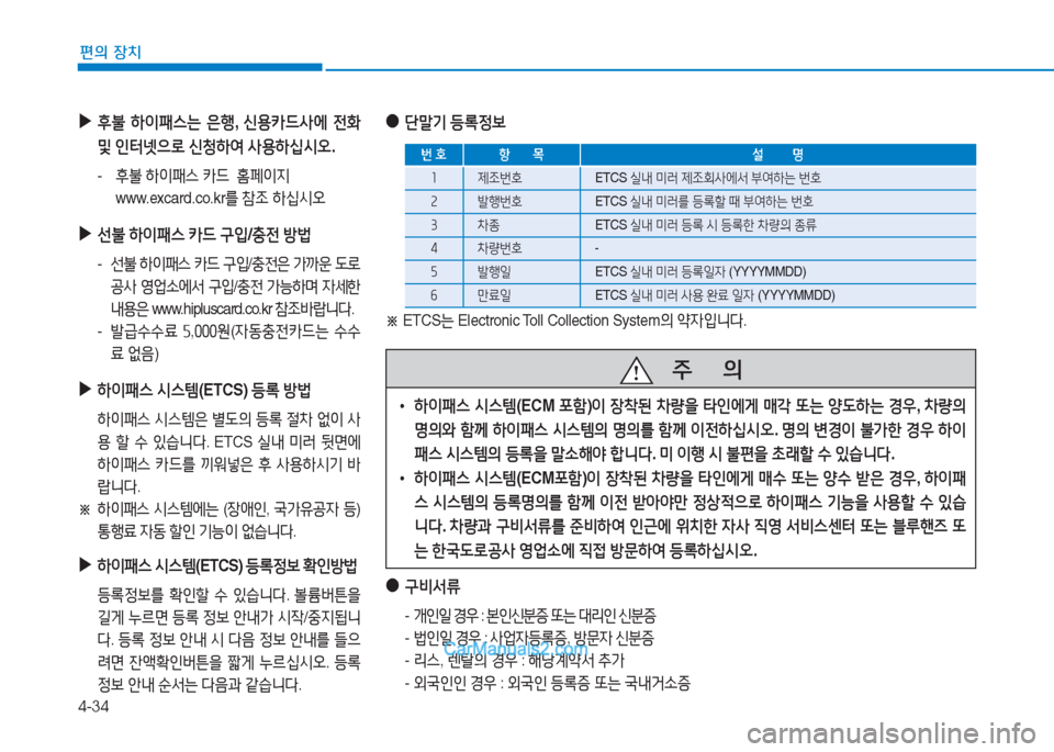 Hyundai Sonata Hybrid 2015  쏘나타 LF HEV/PHEV - 사용 설명서 (in Korean) 4-34
편의 장치
 
▶
후불  하이패스는  은B , 신용카드사에  전B