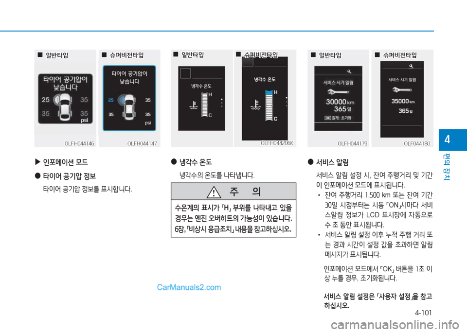 Hyundai Sonata Hybrid 2015  쏘나타 LF HEV/PHEV - 사용 설명서 (in Korean) 4-101
편의 장치
4
 
▶
인@t메이션  0드
 
●
=H이2<  공기압  4