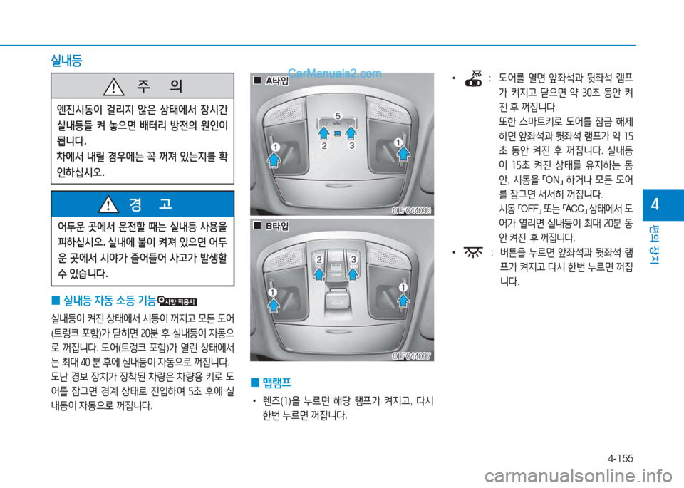Hyundai Sonata Hybrid 2015  쏘나타 LF HEV/PHEV - 사용 설명서 (in Korean) 4-155
편의 장치
4
실내등
 
0 실내등
 4동  .등  기능
실내등이  켜진  상=d에-