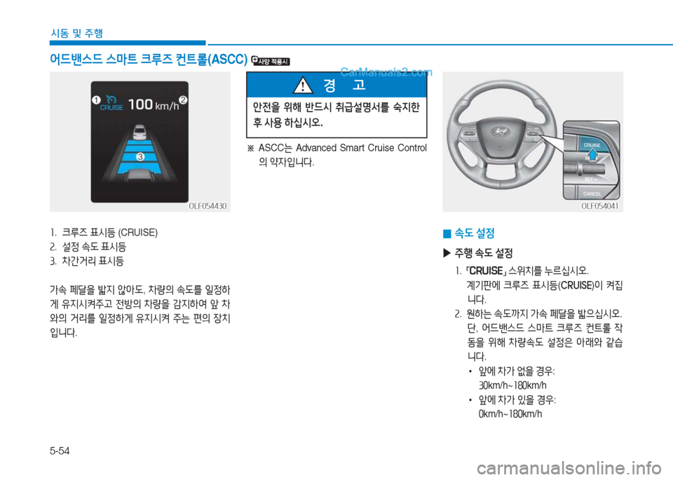 Hyundai Sonata Hybrid 2015  쏘나타 LF HEV/PHEV - 사용 설명서 (in Korean) 5-54
/d동 및 주B
OLF054430OLF054430
어드밴스드 스&P?@  크루6  컨?@롤 (ASCC) 
좌.  크루6  표/d등  (CRUISE)
속 .  설4