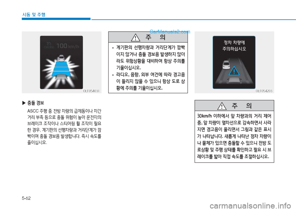 Hyundai Sonata Hybrid 2015  쏘나타 LF HEV/PHEV - 사용 설명서 (in Korean) 5-62
/d동 및 주B
OLF054203OLF054203
   주
        의
3좋km/h  이하에-