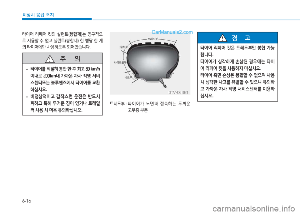 Hyundai Sonata Hybrid 2015  쏘나타 LF HEV/PHEV - 사용 설명서 (in Korean) 6-16
비상시 응급 조치
OTAM061021OTAM061021
트$