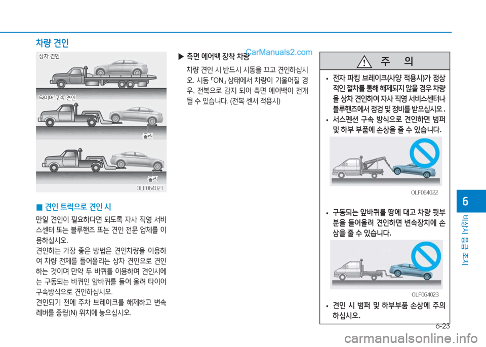 Hyundai Sonata Hybrid 2015  쏘나타 LF HEV/PHEV - 사용 설명서 (in Korean) 6-23
비상시 응급 조치
작 
0 견인
 ?@$u으$