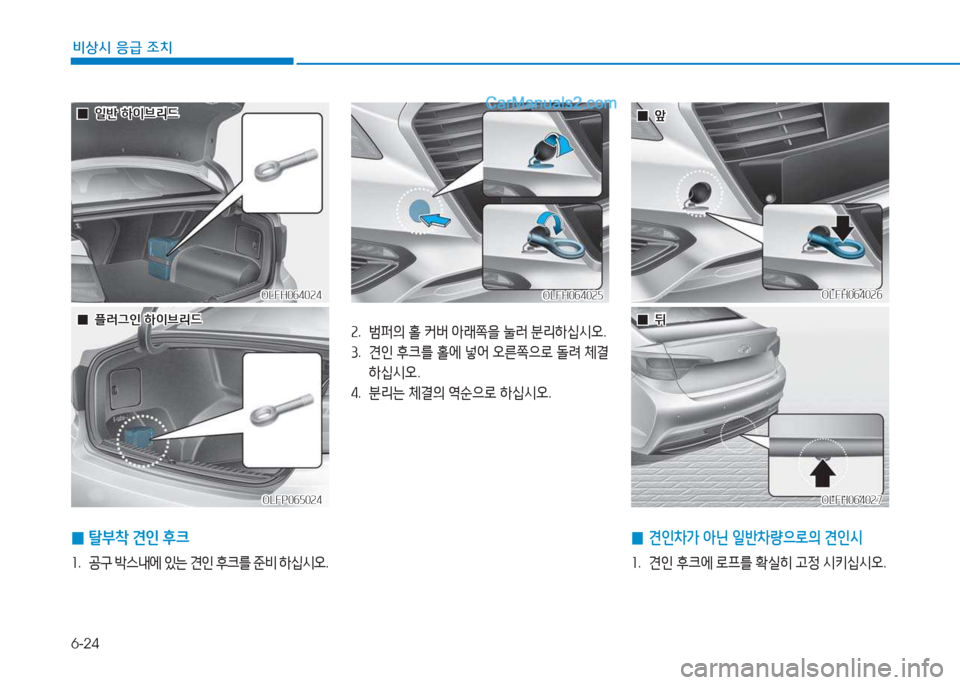 Hyundai Sonata Hybrid 2015  쏘나타 LF HEV/PHEV - 사용 설명서 (in Korean) 6-24
비상시 응급 조치
속.  )퍼의  홀  커버  아래쪽을  눌$t  분리하/u/d오 .
3 .  견인  후크를  홀에  