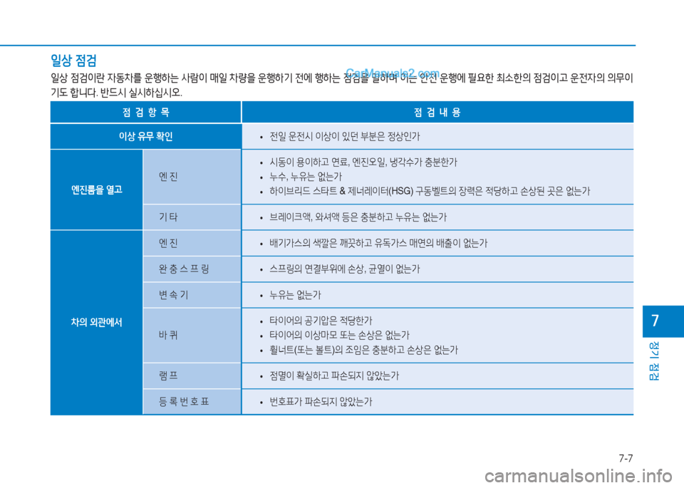 Hyundai Sonata Hybrid 2015  쏘나타 LF HEV/PHEV - 사용 설명서 (in Korean) 7-7
정기 점검
높
일상 4